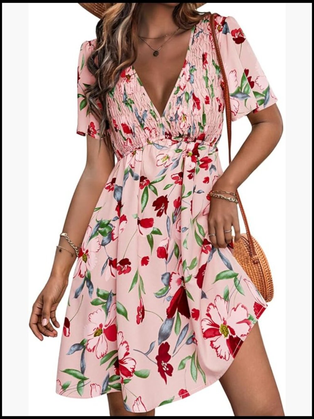 V-Neck Short Sleeve A-Line Mini Sundress with Waist Pocket